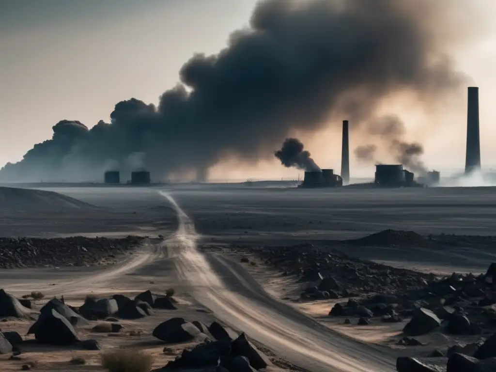 Impacto de la Revolución Industrial en el medio ambiente: paisaje árido y contaminado por humo y smog, simbolizando la degradación ambiental