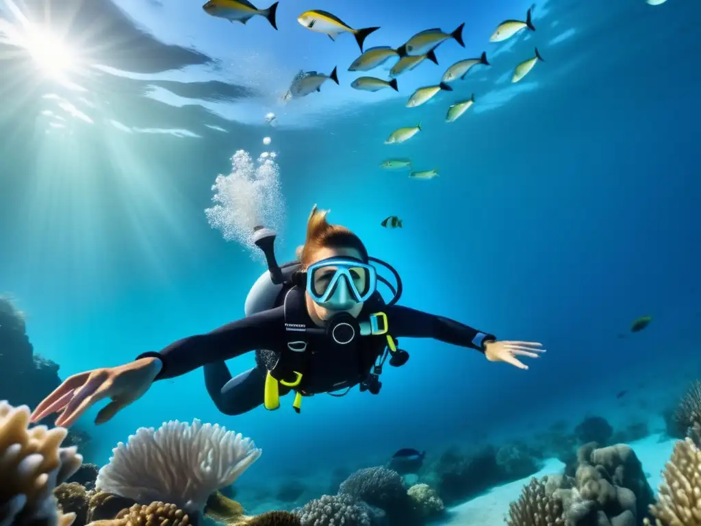 Tecnología en el buceo recreativo: Diver explorando aguas cristalinas con tecnología avanzada