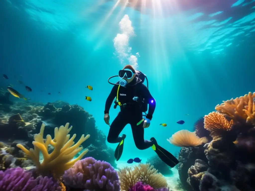 Tecnología en el buceo recreativo: escena submarina con buzo rodeado de arrecifes de coral y vida marina colorida, en un entorno tranquilo y futurista