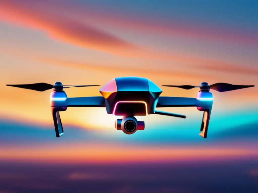 Impacto de drones en periodismo: drone futurista con diseño minimalista surcando el cielo al atardecer, rodeado de formas geométricas abstractas en tonos azules, verdes y morados