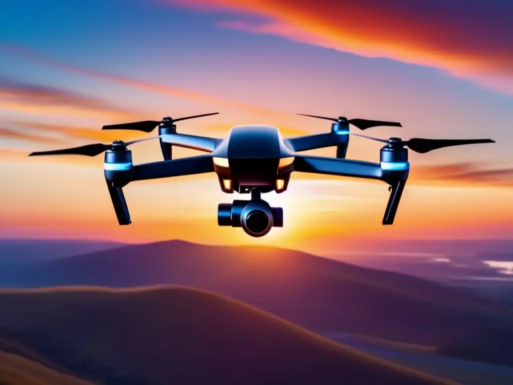 Impacto de drones en periodismo: drone negro en vuelo contra atardecer vibrante, propelas borrosas, diseño futurista