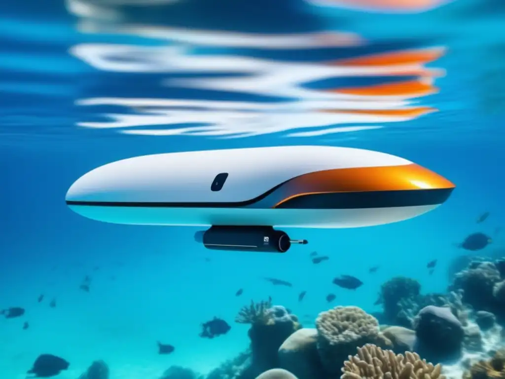 Tendencias tecnológicas submarinismo futuro: drone submarino de diseño minimalista captura imágenes detalladas de arrecifes de coral y vida marina