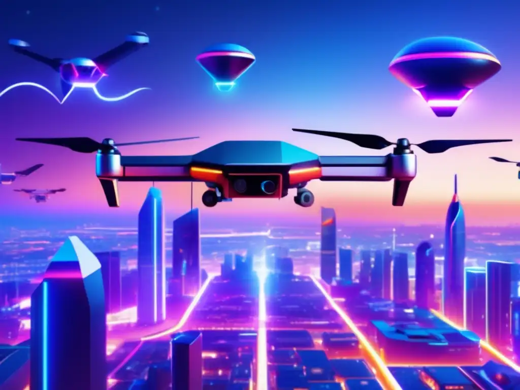 Avances tecnológicos en drones de entrega en una ciudad futurista con edificios angulares y luces vibrantes