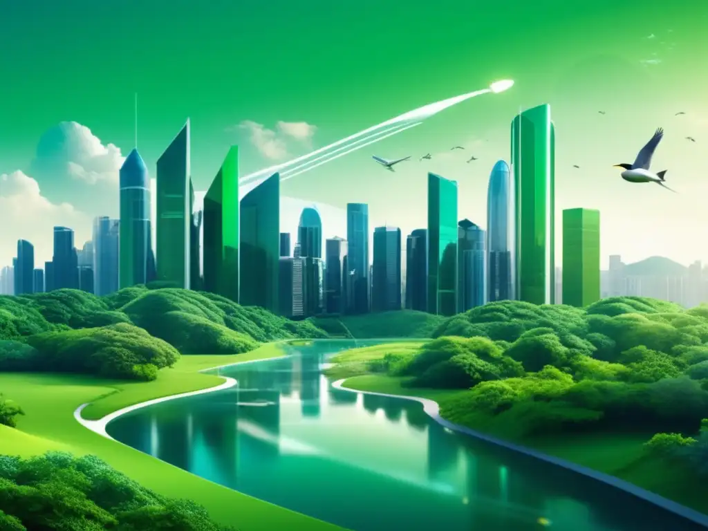 Ecosistema vibrante con naturaleza diversa y ciudad futurista, AI para desarrollo sostenible