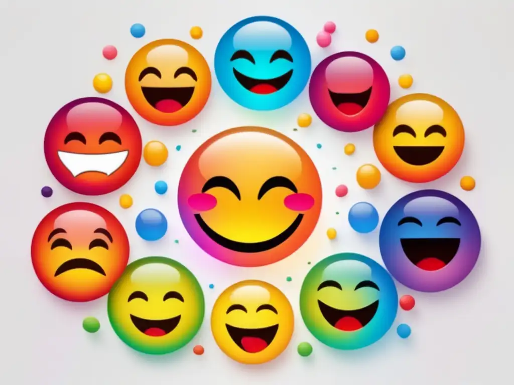 Importancia de emojis en la comunicación digital: emojis vibrantes en fondo blanco, con un emoji central sonriente rodeado de emociones diversas