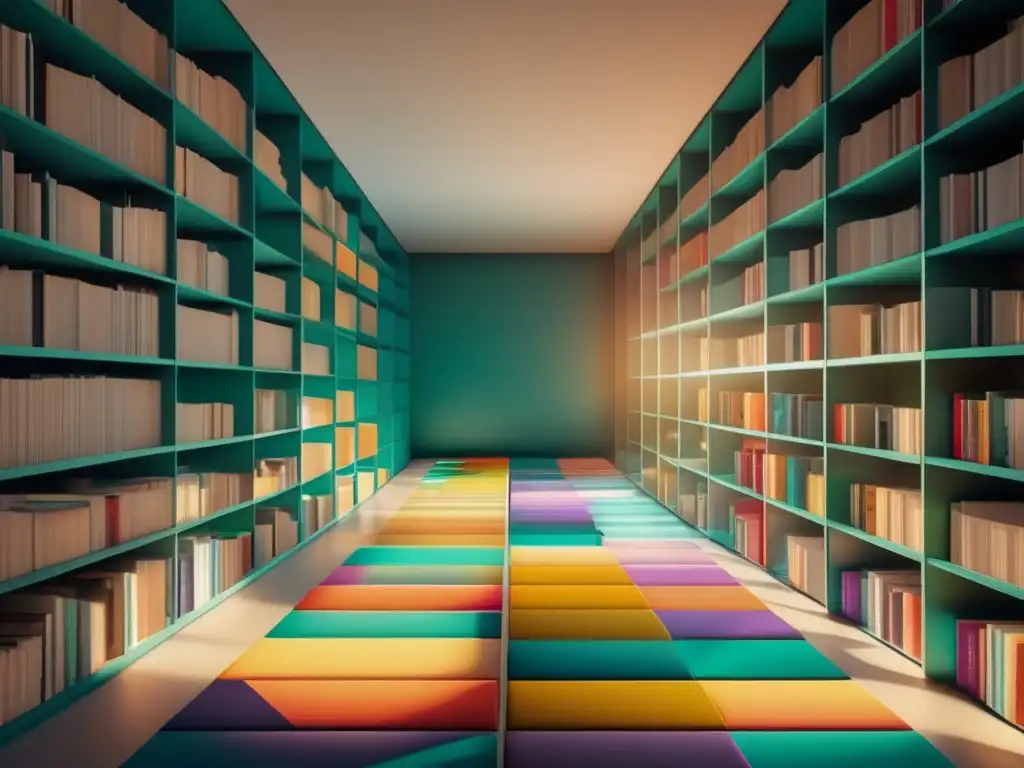 Biblioteca abstracta con estanterías geométricas y libros coloridos