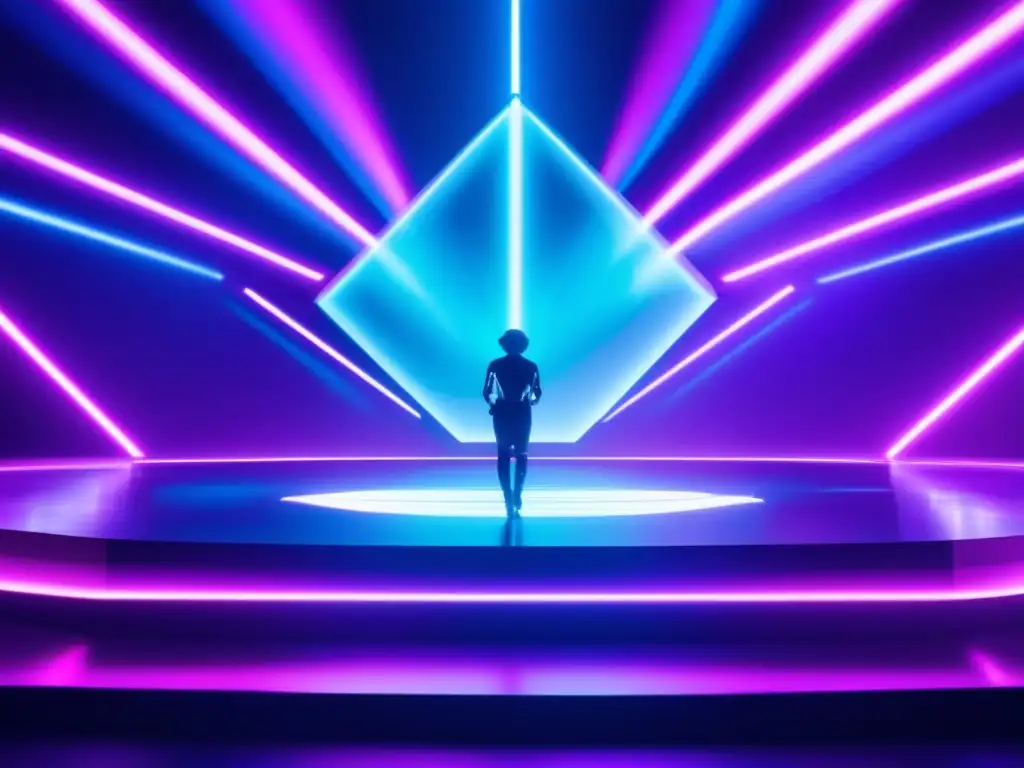 Avances tecnológicos en el teatro: escenario futurista con holograma y luces neon