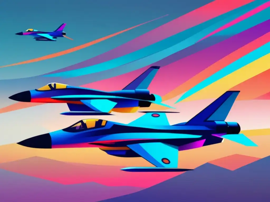 Aviación militar en la historia - Escuadrón de cazas surcando cielo multicolor con formas geométricas y colores audaces