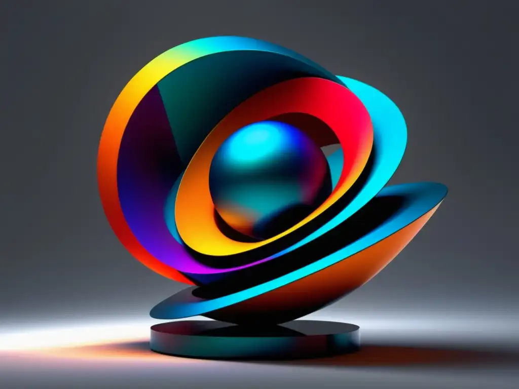 Innovaciones tecnológicas en escultura tridimensional con formas geométricas, colores vibrantes y movimiento dinámico