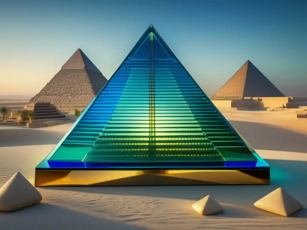 Tecnología vidrio antiguo Egipto: Escultura vidrio geométrica simétrica con reflejos y sombras en azul, verde y dorado