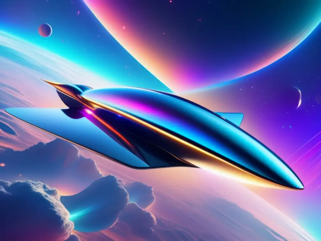 Tecnología aeroespacial: Revolución del turismo espacial - Nave espacial minimalista surcando el espacio con colores vibrantes