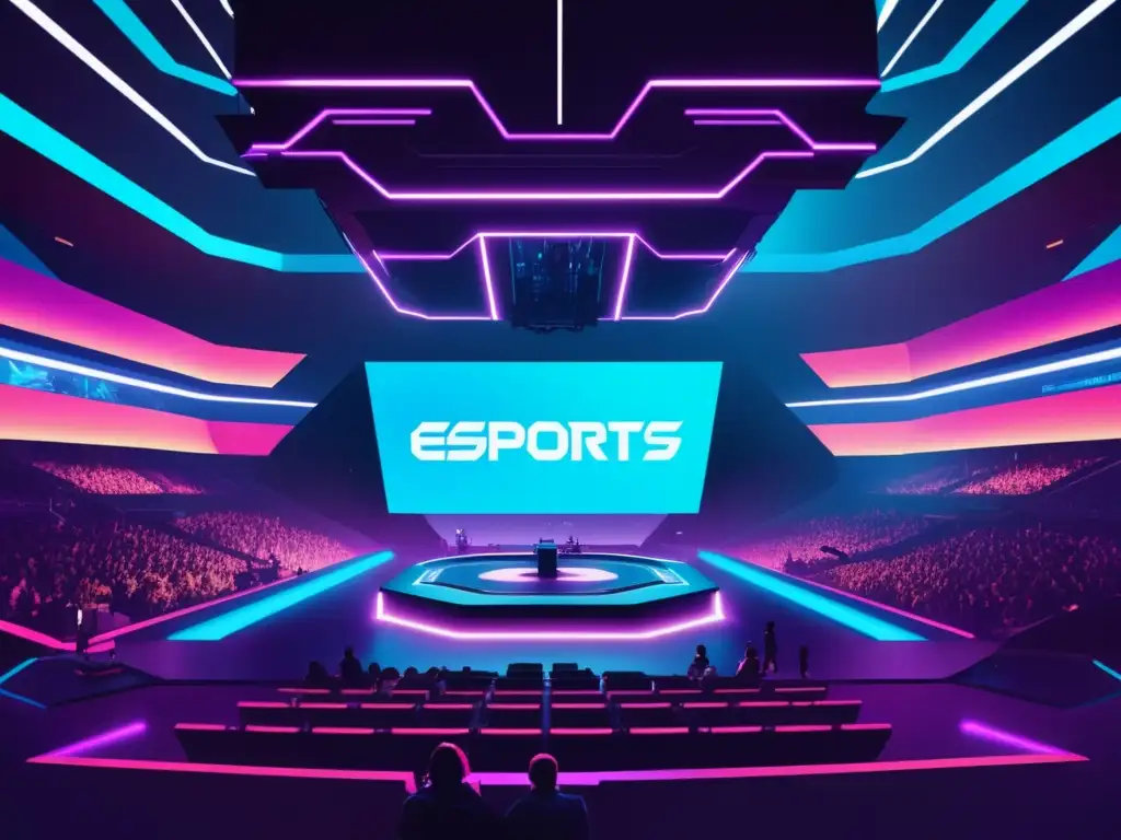 Impacto tecnología en esports: arena futurista, luces neón, multitud diversa, competencia intensa, tecnología avanzada