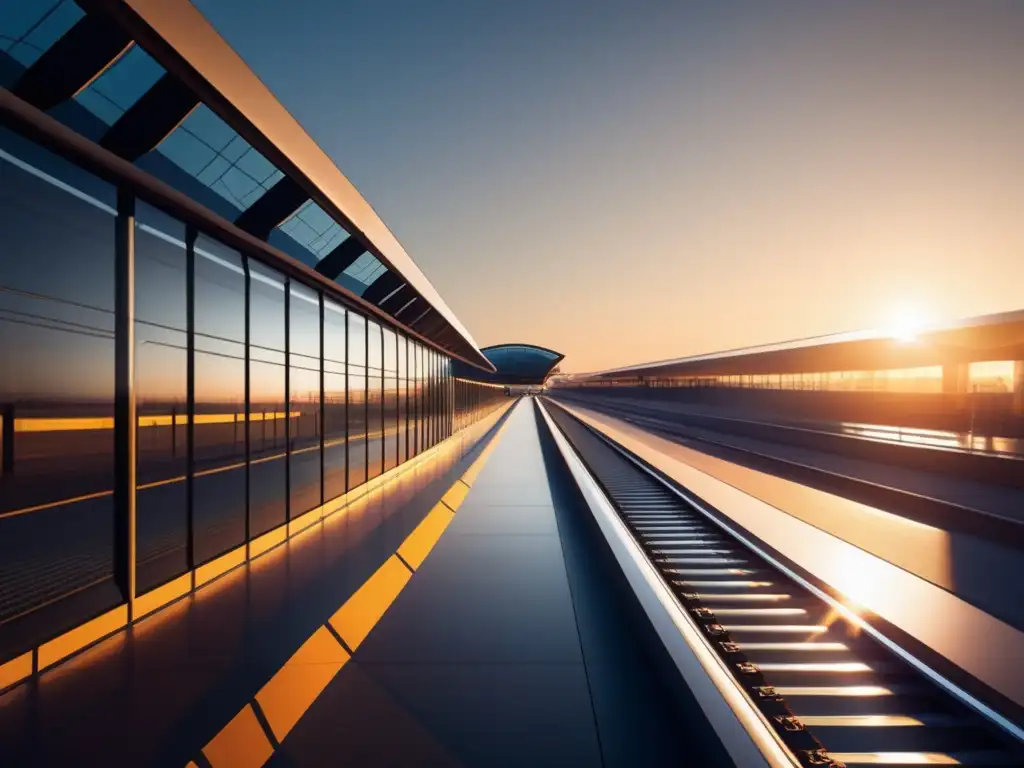 Impacto en Infraestructura Ferroviaria: Estación futurista de vidrio y acero, con luz dorada y líneas limpias