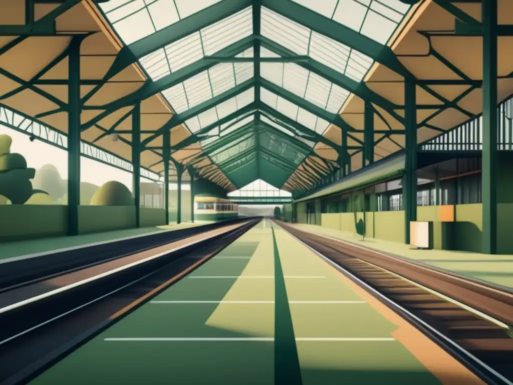 Estación histórica en armonía con la naturaleza Impacto tecnológico en los ferrocarriles históricos: Estación de tren histórica, minimalista, con detalles arquitectónicos y rodeada de vegetación