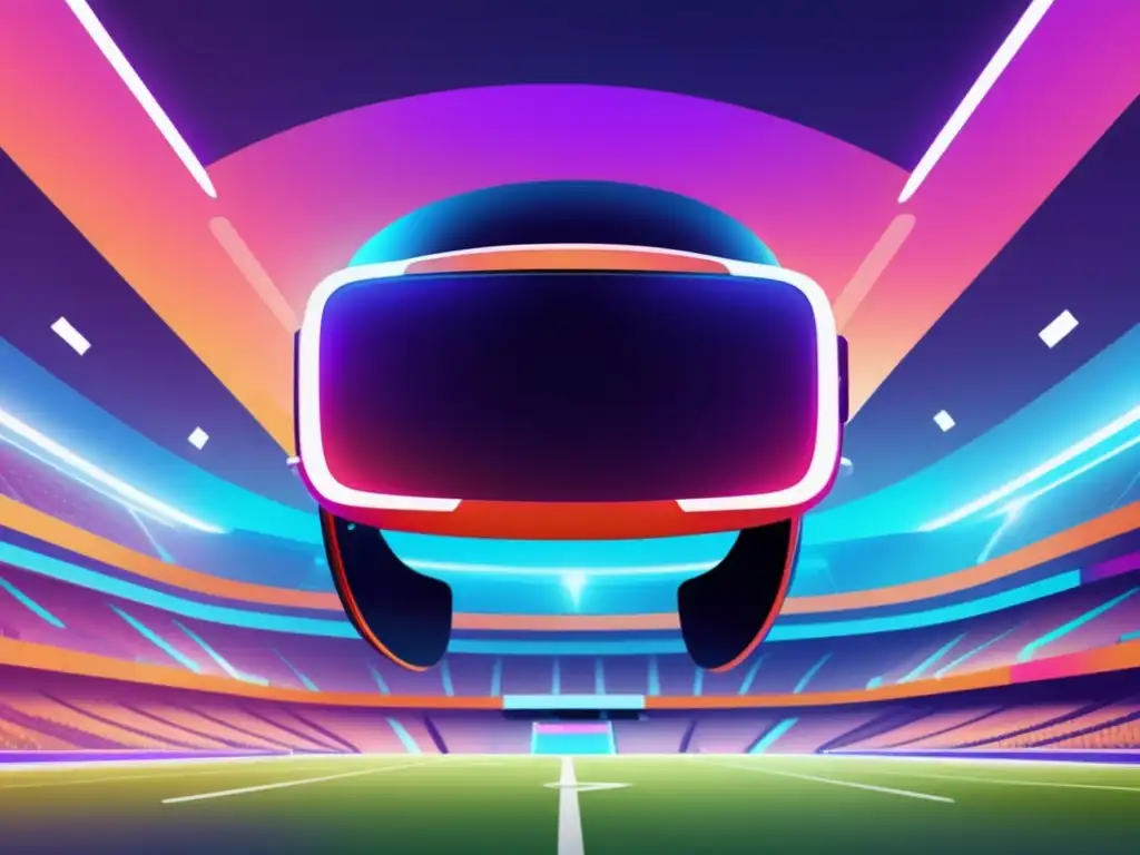 Tecnología de comunicación en deporte: VR headset integrado en un estadio futurista, fusionando lo físico y digital