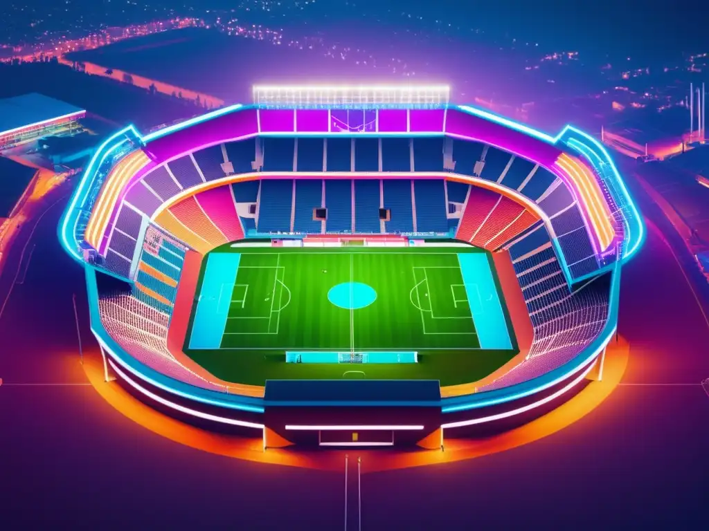 Impacto tecnológico en deportes tradicionales: Estadio de deportes iluminado por luces neón, representación abstracta minimalista