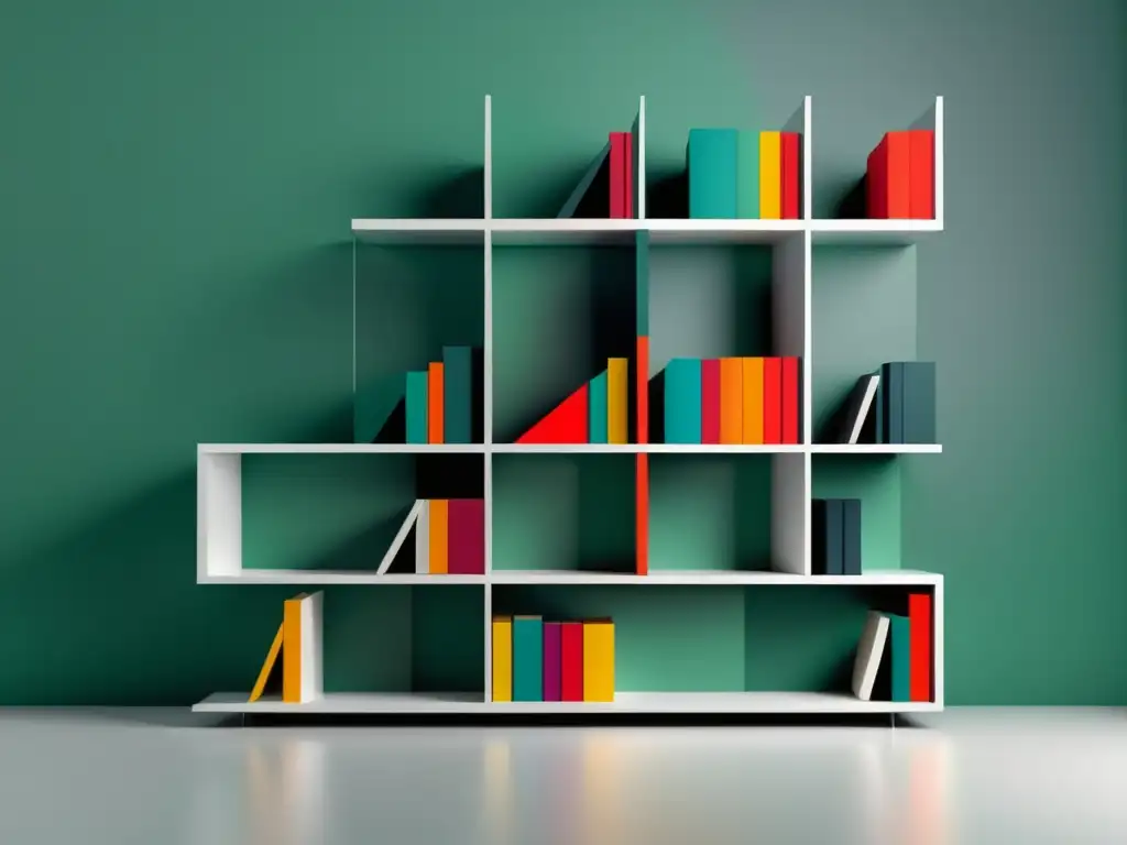 Librero minimalista con libros abstractos y geométricos, representando la diversidad y modernización de la tecnología de impresión en línea