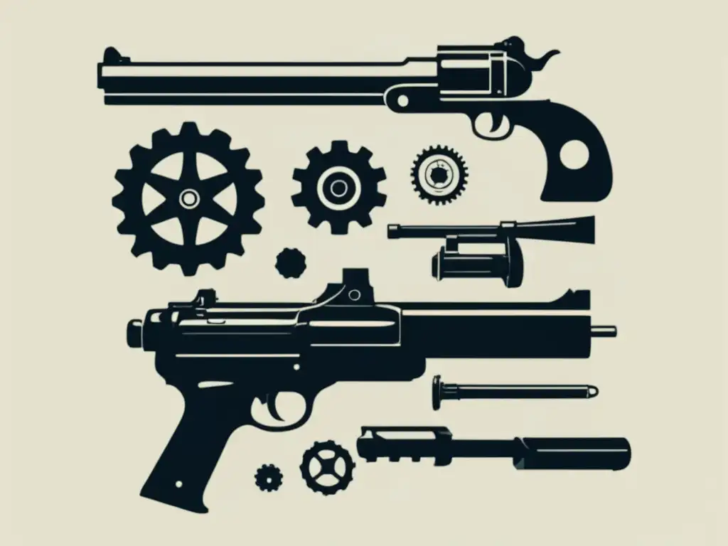 Avances tecnológicos en armas de fuego: evolución minimalista y abstracta de engranajes representando distintas etapas