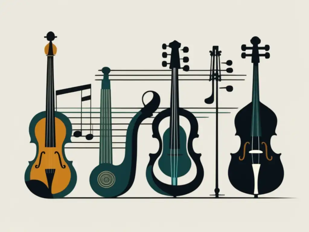 Evolución de instrumentos musicales tradicionales, imagen minimalista que muestra la transformación histórica de flautas, tambores, violines y pianos