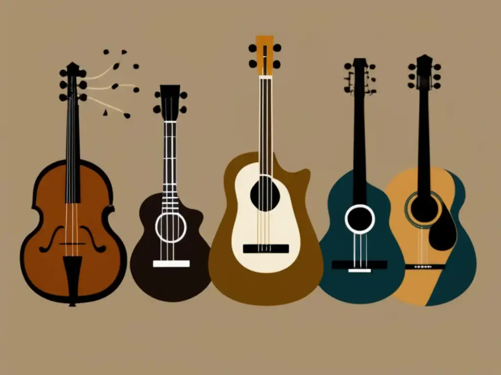 Evolución instrumentos musicales tradicionales: imagen abstracta minimalista que representa la transformación y diversidad cultural en tonos cálidos