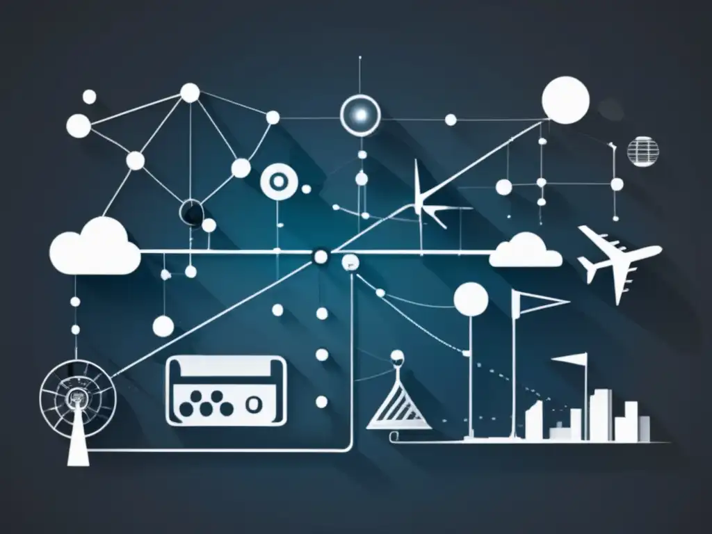 Futuro comunicación cuántica: evolución tecnológica comunicación con formas geométricas interconectadas y etiquetas de hitos