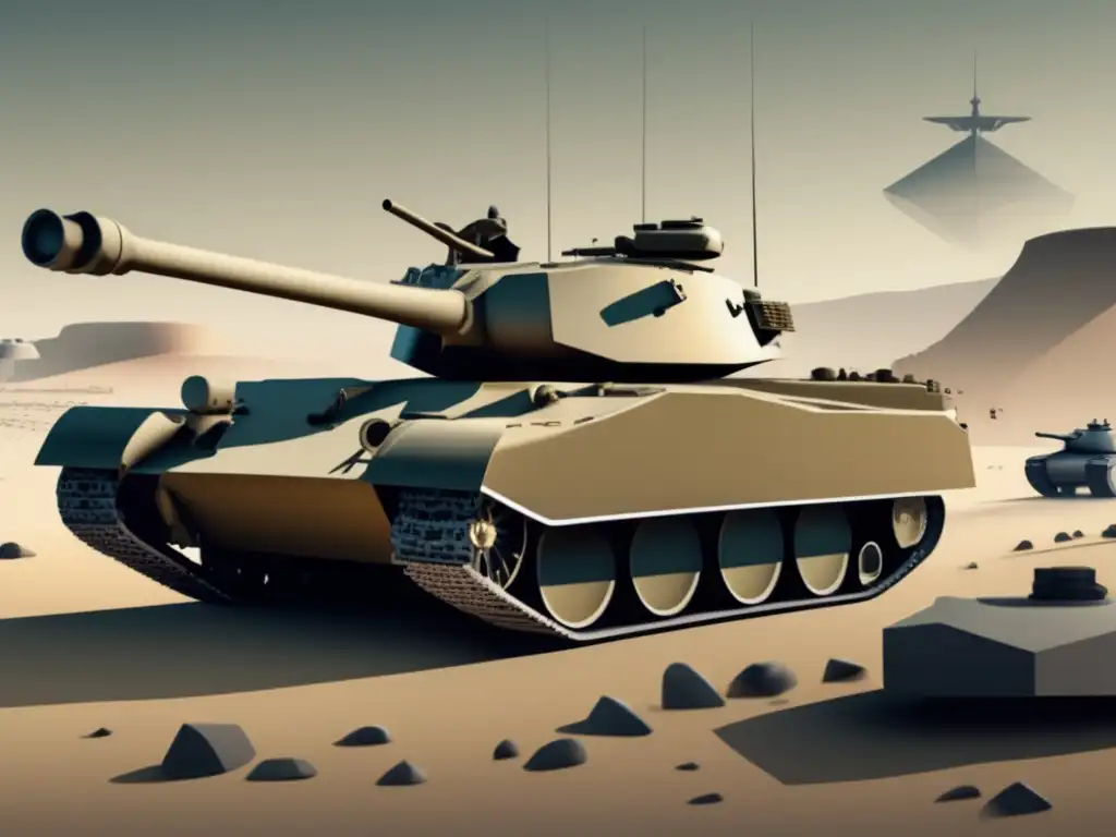 Desarrollo histórico de los tanques de guerra: Imagen 8K muestra evolución minimalista y abstracta de tanques, destacando moderno y antiguos