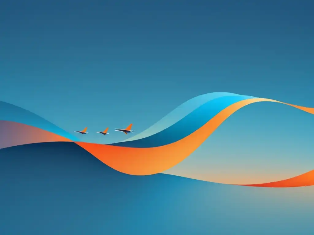 Evolución transporte aéreo comercial: imagen abstracta minimalista con fondo degradado de azul vibrante a naranja suave, representando la evolución del transporte aéreo desde los primeros intentos de vuelo hasta las modernas aeronaves