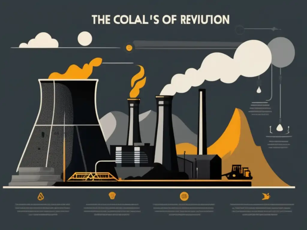 Evolución energía renovable: mina de carbón, motor de vapor y turbinas eólicas y solares