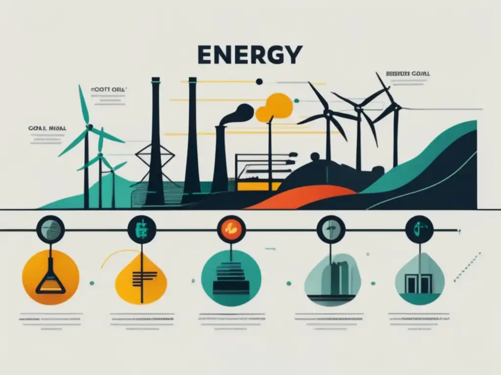 Evolución fuentes energía eléctrica renovables, imagen minimalista abstracta representando distintas fuentes de energía a lo largo de la historia