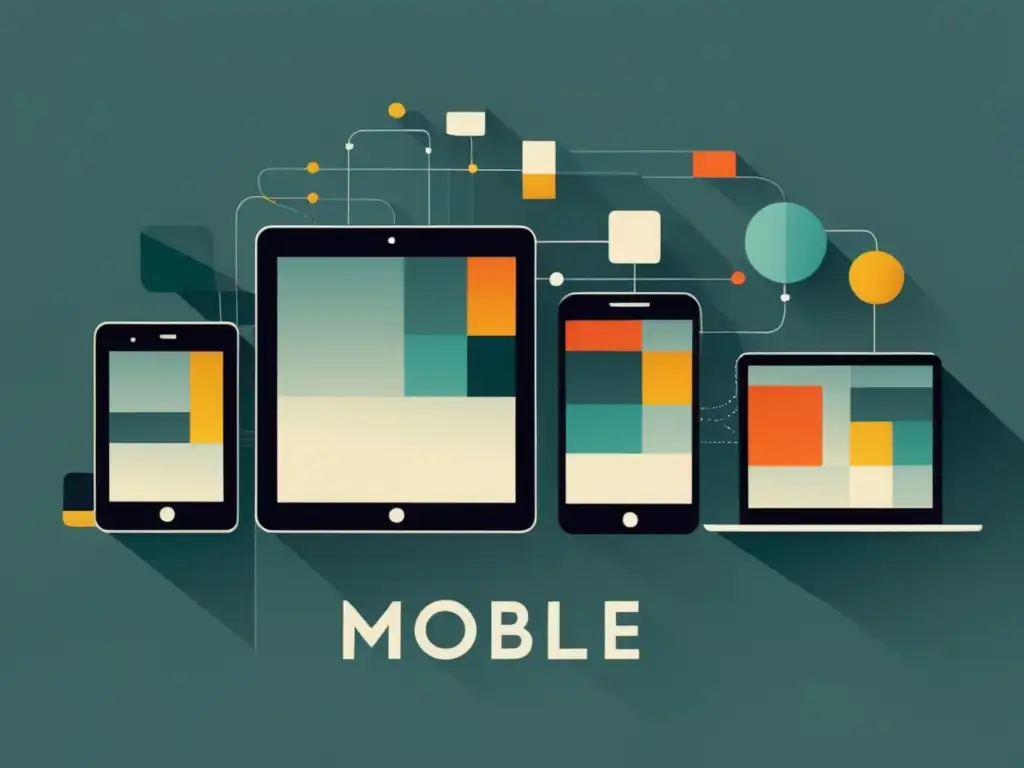 Evolución dispositivos móviles era postPC: imagen abstracta minimalista que representa la progresión y complejidad de la tecnología móvil a lo largo del tiempo