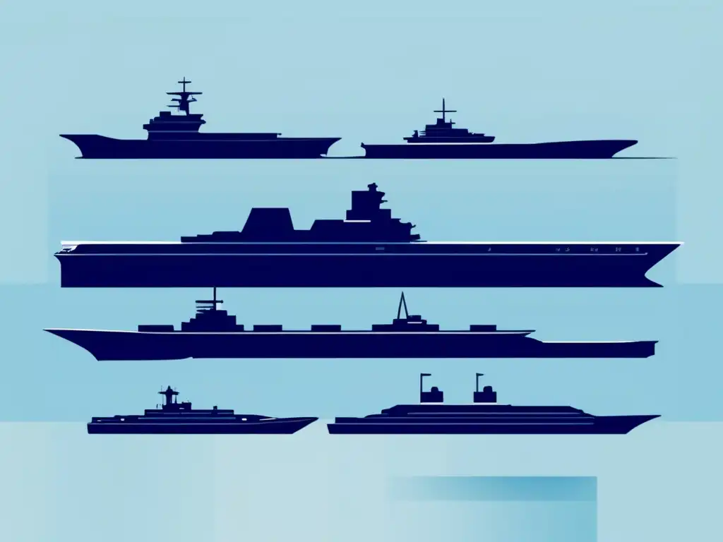 Evolución portaaviones: formas geométricas azules conectadas en una secuencia, simbolizando avances navales (110 caracteres)