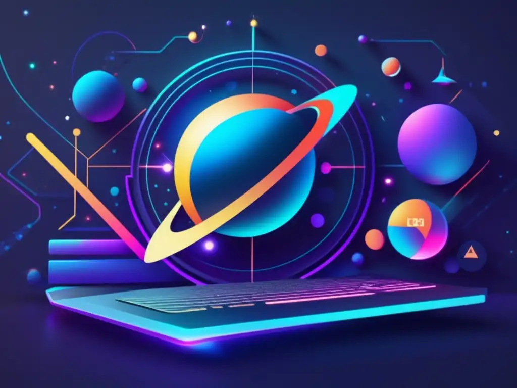 Evolución herramientas tecnológicas mundo: Imagen 8k minimalista y abstracta, con líneas y formas vibrantes que se entrelazan en una red dinámica