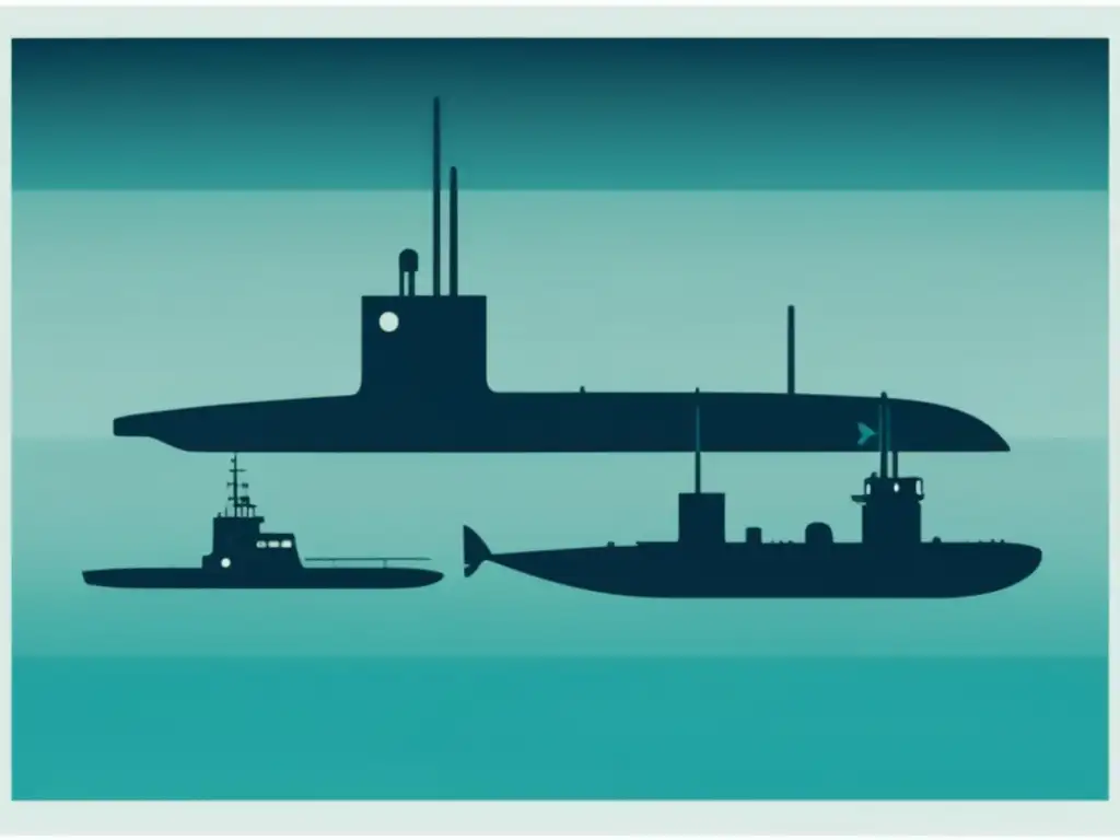 Orígenes y evolución del submarinismo: escena submarina con transición de submarinos antiguos a modernos