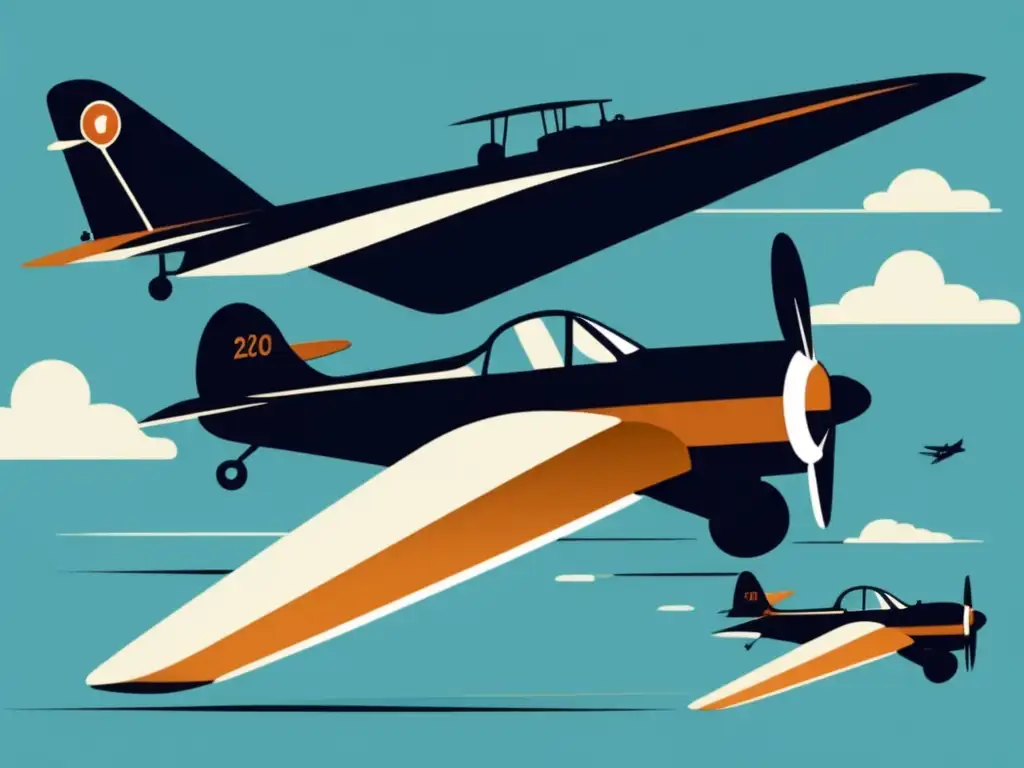 Evolución del transporte aéreo en el siglo XX: imagen minimalista que muestra avances desde biplanos vintage hasta futurista con tecnología avanzada