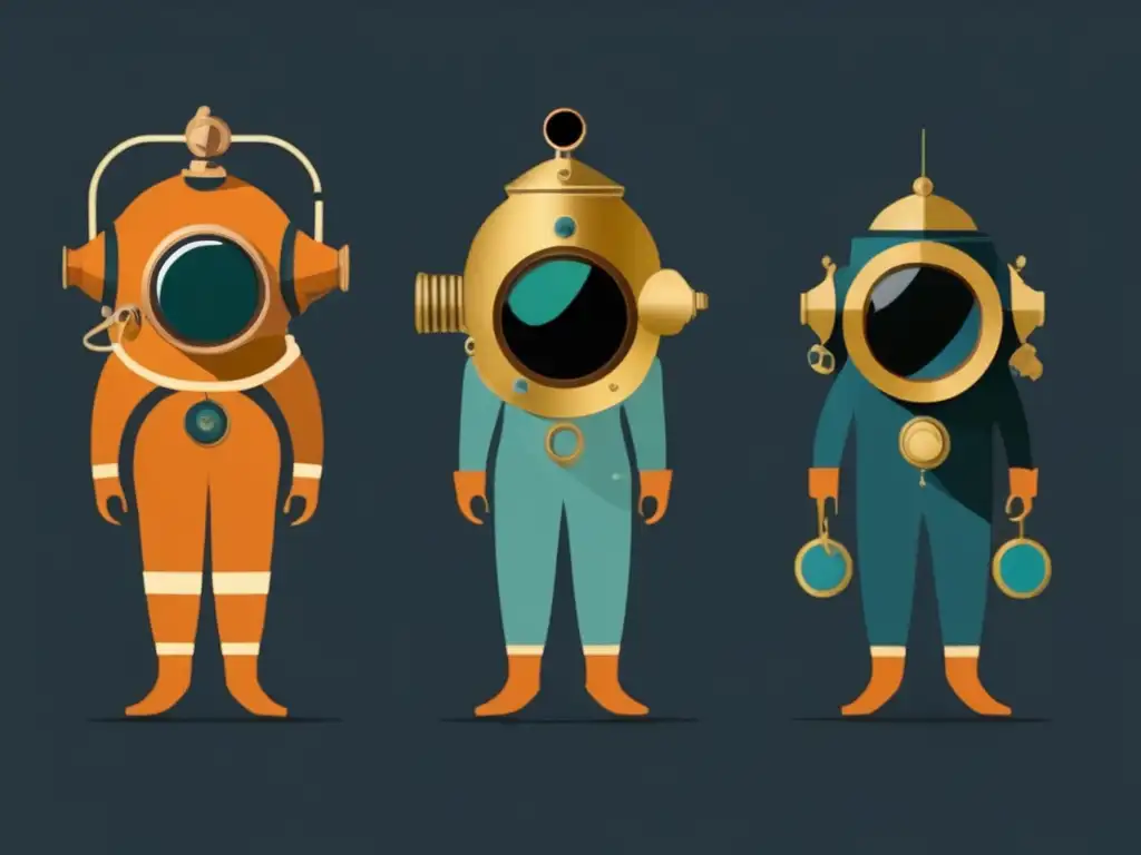 Evolución trajes buceo arqueología subacuática: casco cobre vintage, traje neopreno moderno y exoesqueleto futurista