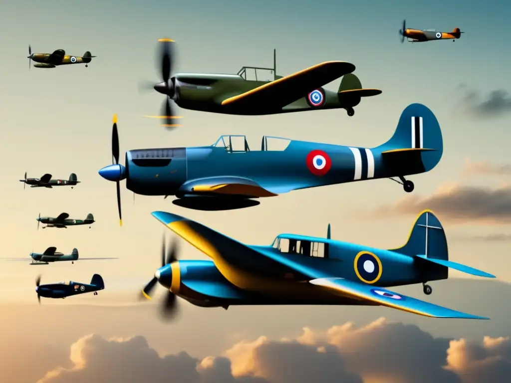 Evolución aviones combate WWII: Biplanes, monoplanes y aviones a reacción en imagen 8k detallada y minimalista