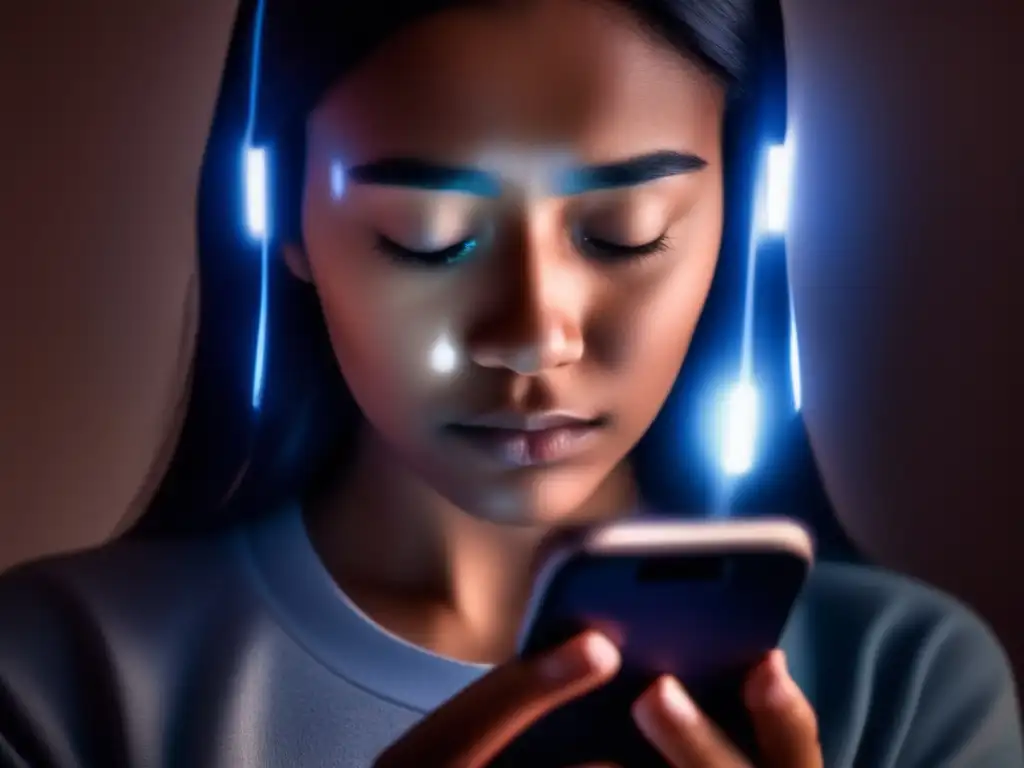 Persona con rostro en sombras mirando fijamente una pantalla de smartphone con notificaciones de redes sociales, reflejando la conexión entre tecnología y depresión