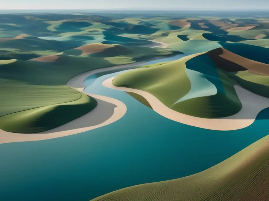 Tecnología aeroespacial para cartografía: paisaje amplio y diverso con tonos azules, verdes y marrones, destacando colinas, ríos y bosques