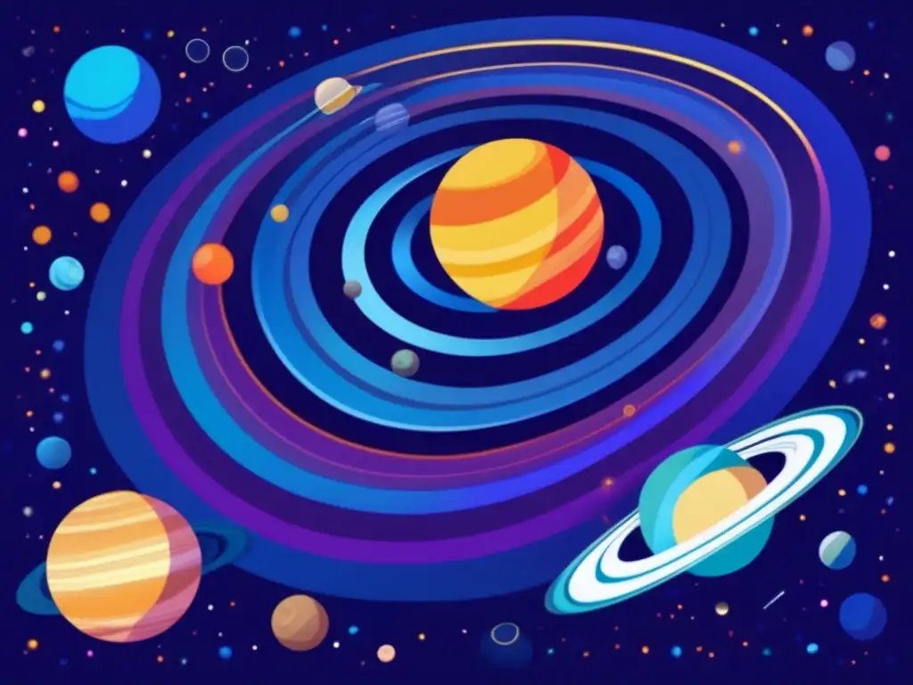 Exploración planetas exteriores: desafíos y descubrimientos en el vasto espacio, con colores vibrantes y planetas representados en formas minimalistas