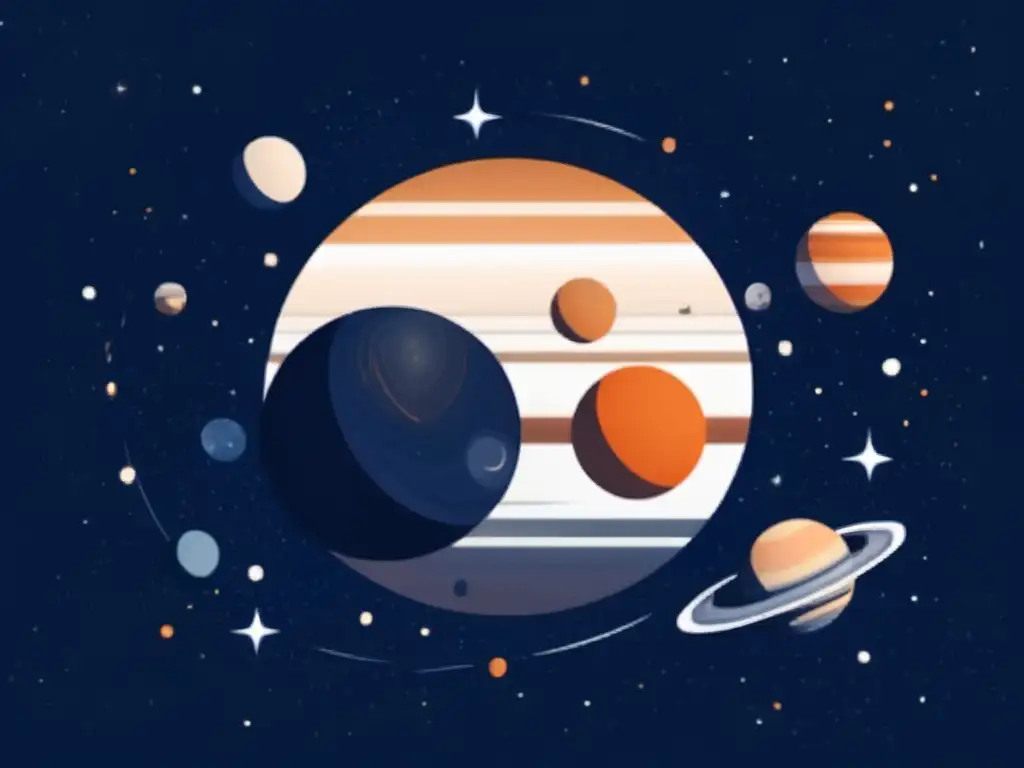 Exploración de Júpiter y sus lunas en el espacio Tecnología satelital: exploración del sistema solar, imagen minimalista de Júpiter y sus lunas flotando en el espacio