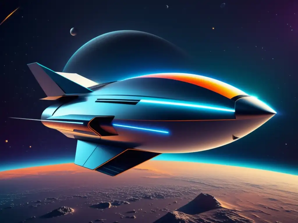 Innovaciones tecnológicas en la era espacial: nave futurista en vibrante campo de energía