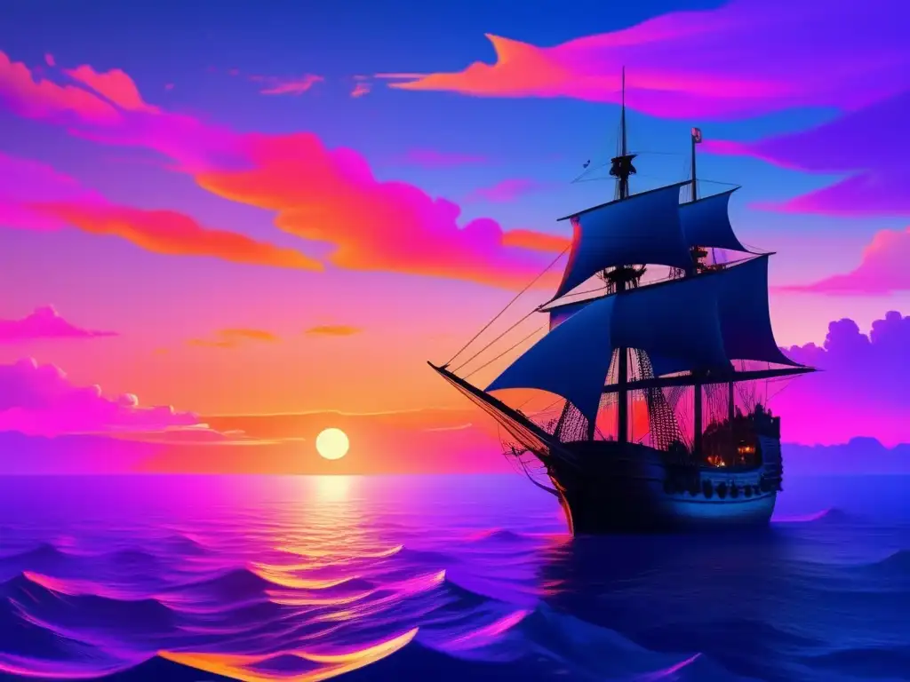 Exploración marítima: océano, sol, barco Impacto del transporte marítimo en el comercio global: imagen de un océano infinito, atardecer vibrante y un barco solitario