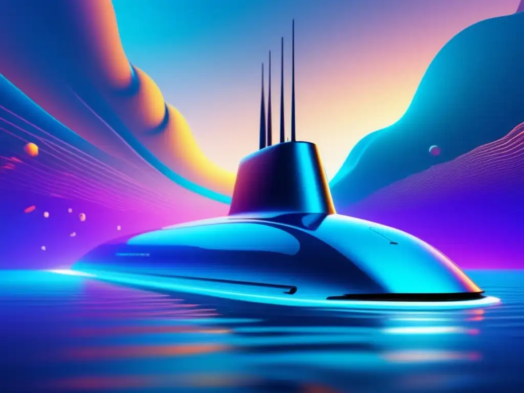 Tecnología en exploración marina: Submarino futurista surcando el océano, con diseño minimalista y avanzada tecnología