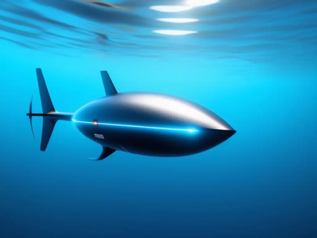 Tecnologías emergentes exploración marina: drone submarino negro con luces LED, agua azul vibrante y burbujas