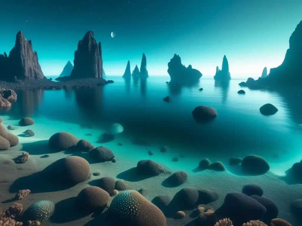 Paisaje submarino ultradetallado y abstracto que fusiona el mar profundo con el espacio exterior