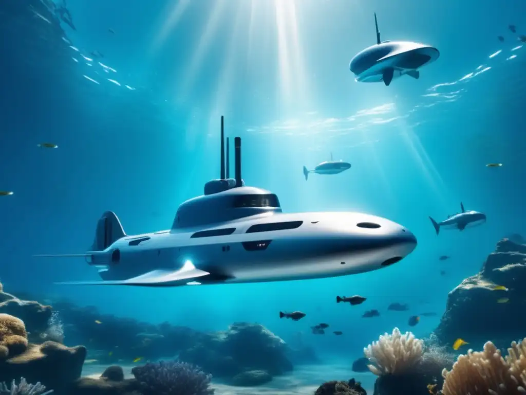 Descubrimiento tesoros subacuáticos tecnología: Submarinos futuristas y ROVs explorando paisaje submarino con precisión