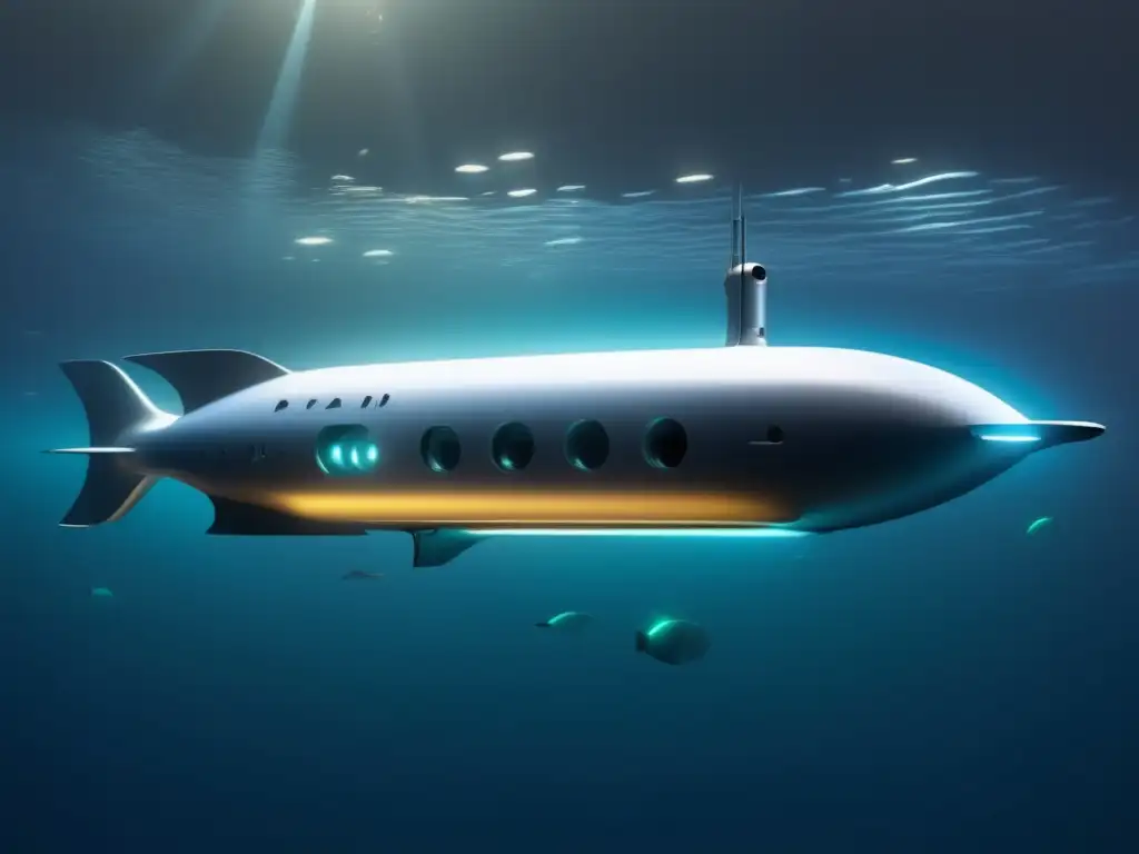 Tecnología para exploración marina profunda: submarino autónomo minimalista en un fondo oscuro, iluminado por luces LED