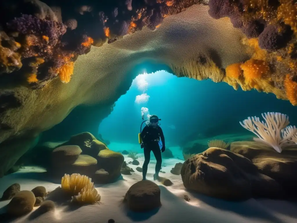 Diver explorando cueva subacuática: Tecnología respiración subacuática evolución