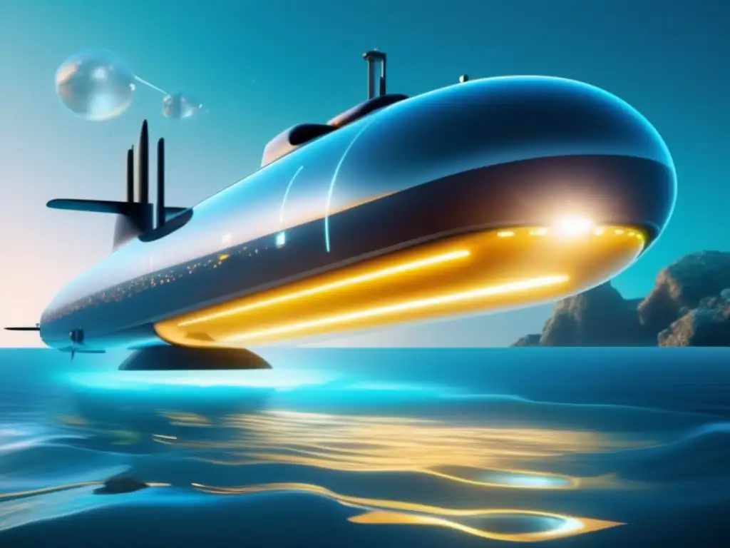 Tecnologías emergentes submarinismo futuro: submarino transparente con tecnología avanzada y asistente de IA, ambiente submarino vibrante y abstracto