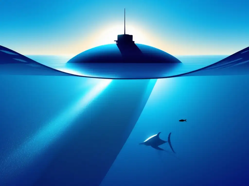 Importancia de la exploración marina: Océano azul infinito, luz y sombras, vehículo submarino futurista